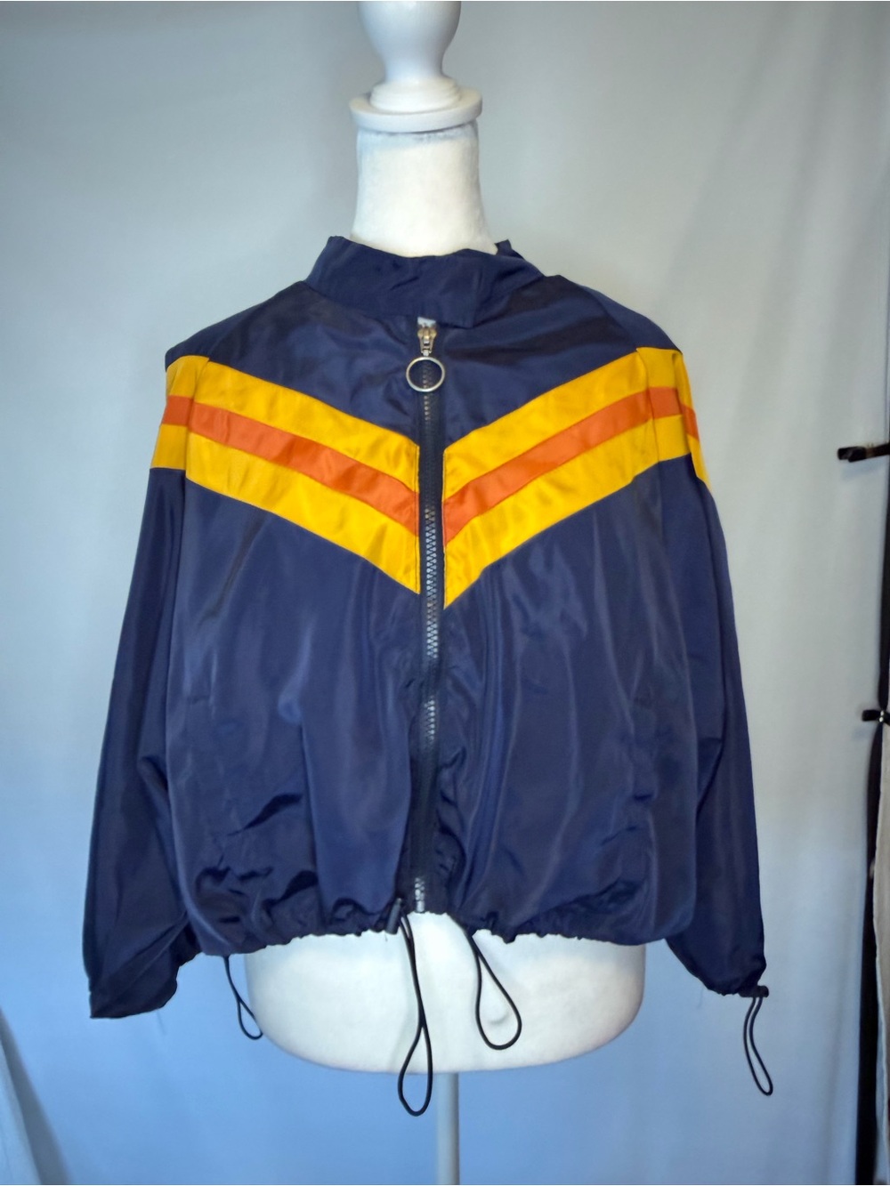 LARGE retro crop windbreaker - blue with yellow/orange sleeve chevron stripe